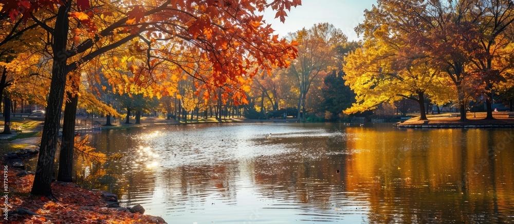 Aufkleber A serene lake surrounded by trees showcasing the colors of fall in a park with copy space image