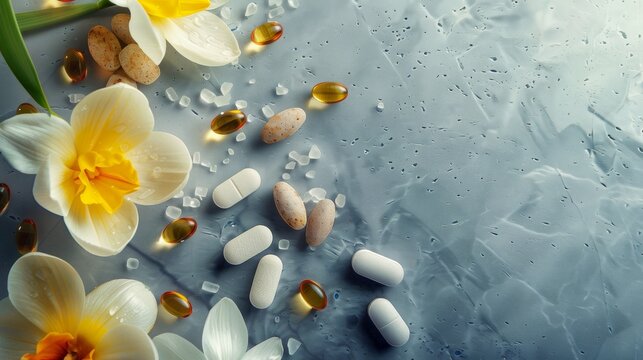 Floral wellness composition with white and yellow flowers surrounded by various pills and supplements on a gray textured background. Conceptual health and beauty imagery. Still life photo. AI