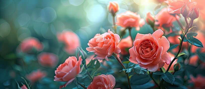 Garden blossoms of coral roses ideal for card logo and congratulatory design mock ups with ample copy space image