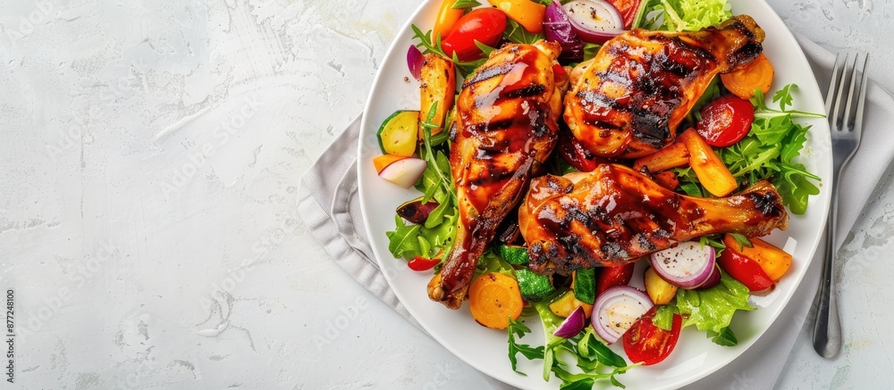 Poster top view of a delicious snack featuring grilled chicken legs in barbecue sauce roasted vegetables an