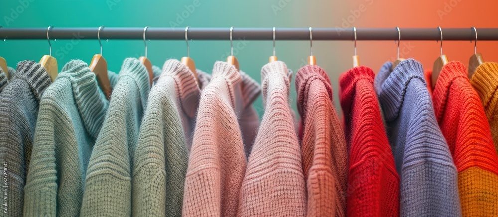 Aufkleber Warm sweaters displayed on rack with colorful backdrop providing copy space image