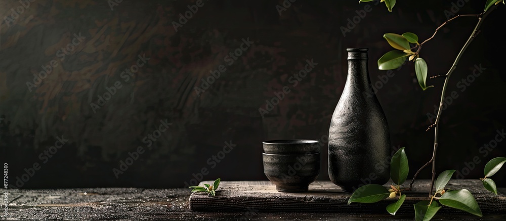 Poster black background with japanese sake cup and bottle creating an aesthetic copy space image