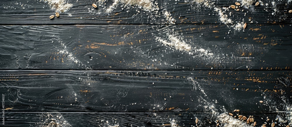 Poster dark black wooden background with wheat flour scattered providing copy space image from a top view i