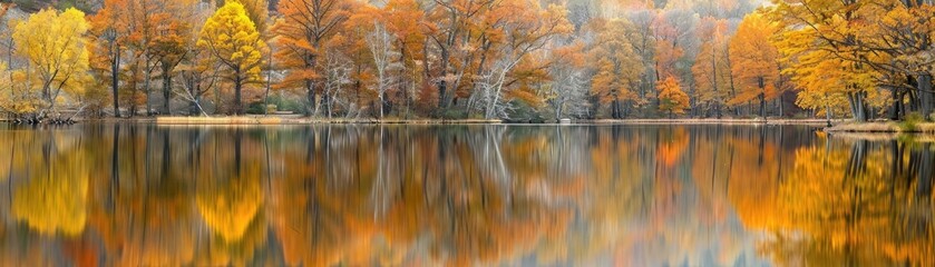 Obraz premium Panoramic view of autumn forest reflected on calm lake water, vibrant orange and yellow foliage creating a serene and picturesque landscape.