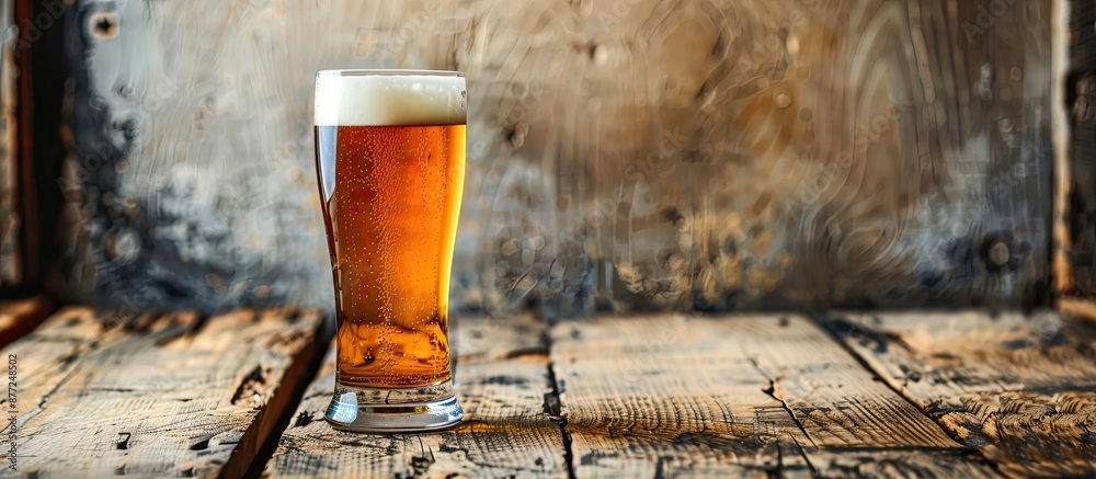 Poster A glass of beer rests on a wooden surface with a blank space in the background for text or images making it a perfect copy space image