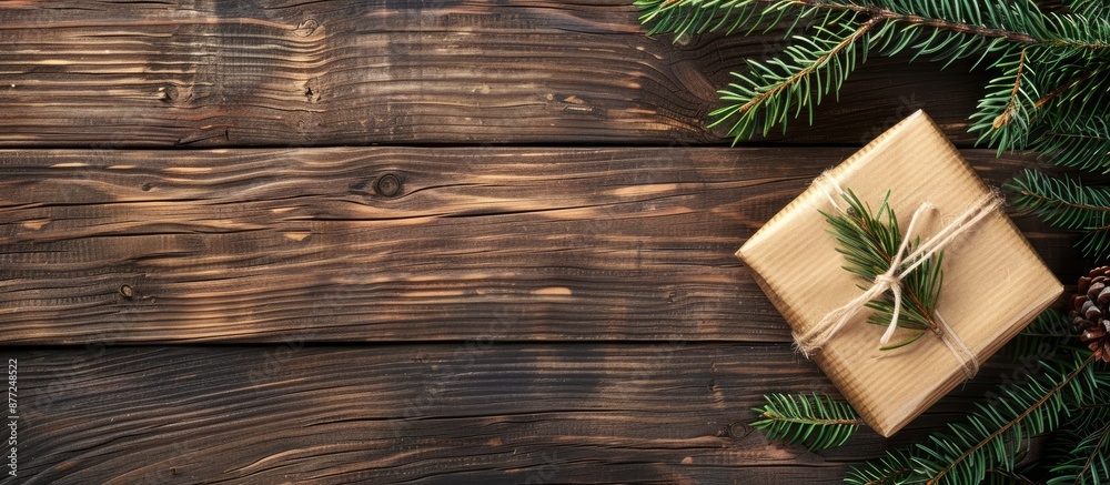 Poster Wooden table holds a Christmas gift box and fir tree branch creating a festive setting with a copy space image