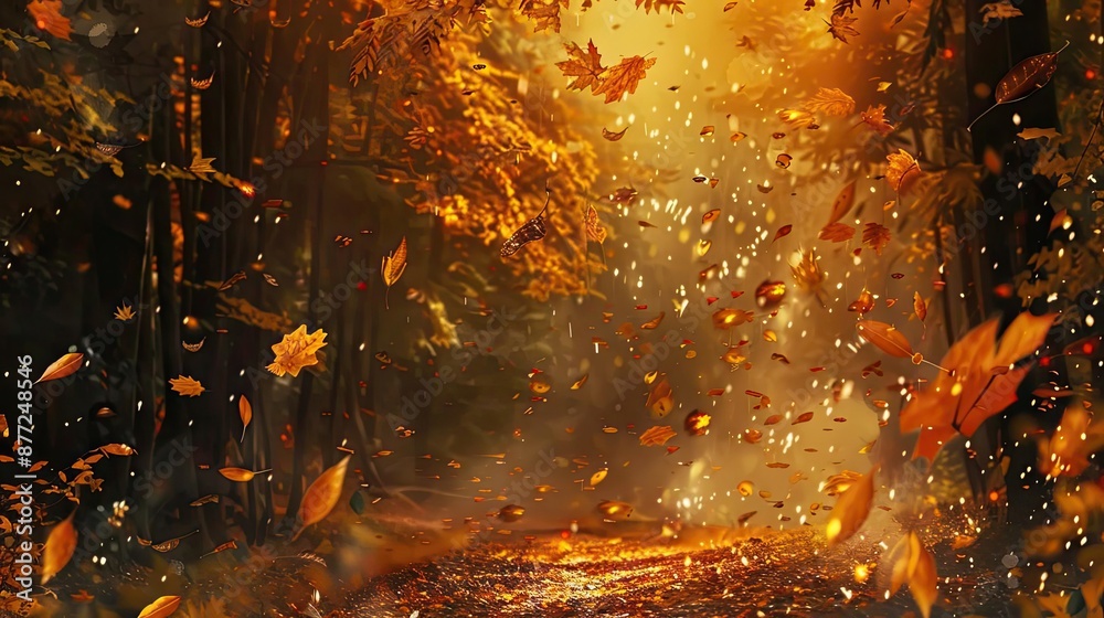 Poster enchanting autumn forest scene with falling leaves, sunlit path, and warm golden hues creating a mag