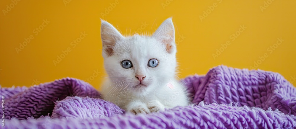Poster white kitten with blue eyes on purple blanket against a yellow background in a playful stance with a