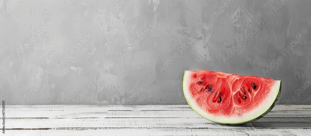 Poster A half of a delicious ripe red watermelon is placed on a white wooden table with a gray background creating a visually appealing copy space image
