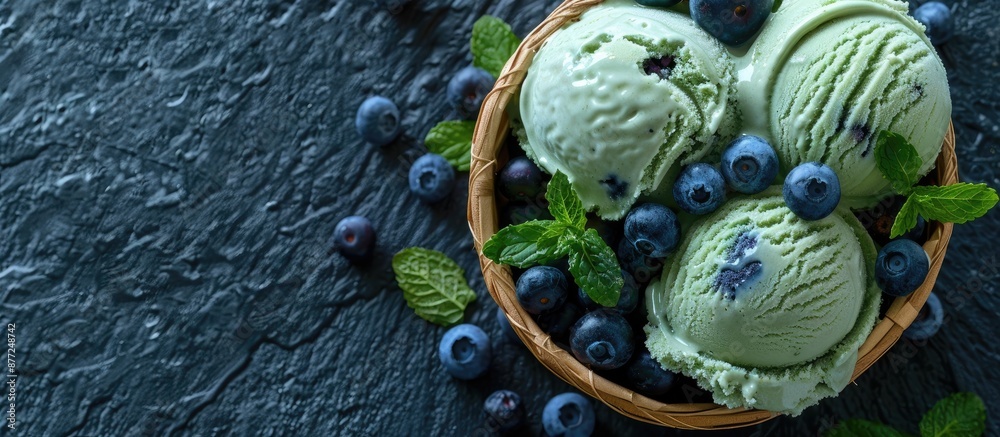 Aufkleber Close up shot of a homemade green mint flavor ice cream with blueberries in a waffle basket with space for text or graphics in the image. with copy space image. Place for adding text or design