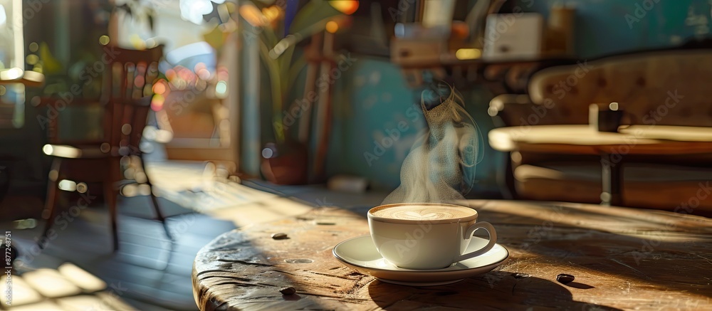 Poster a cozy cafe setting with a steaming cup of cappuccino on a rustic table is captured in the morning c