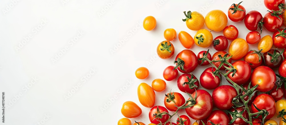 Aufkleber fresh farm tomatoes in red yellow and other hues displayed in a top view flat lay on a white backgro