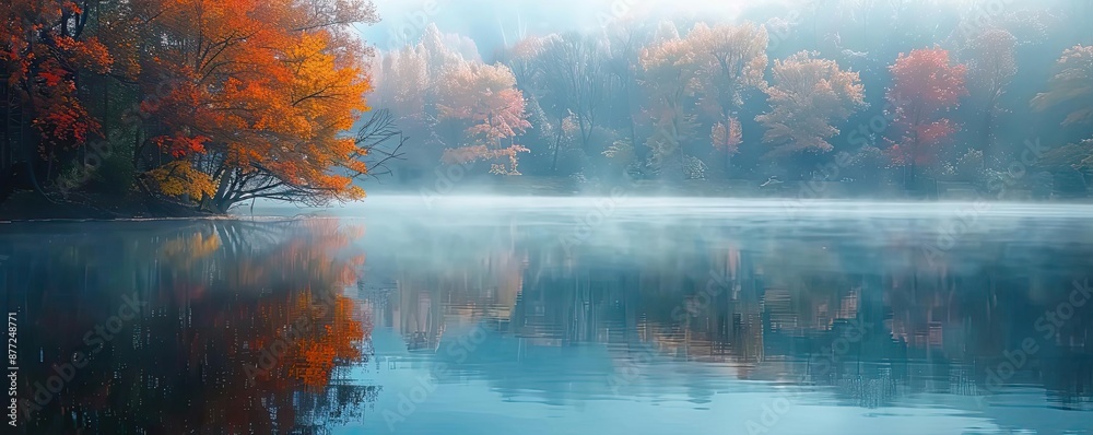 Poster serene autumn lake scene with foggy reflections and colorful fall foliage, creating a peaceful and t