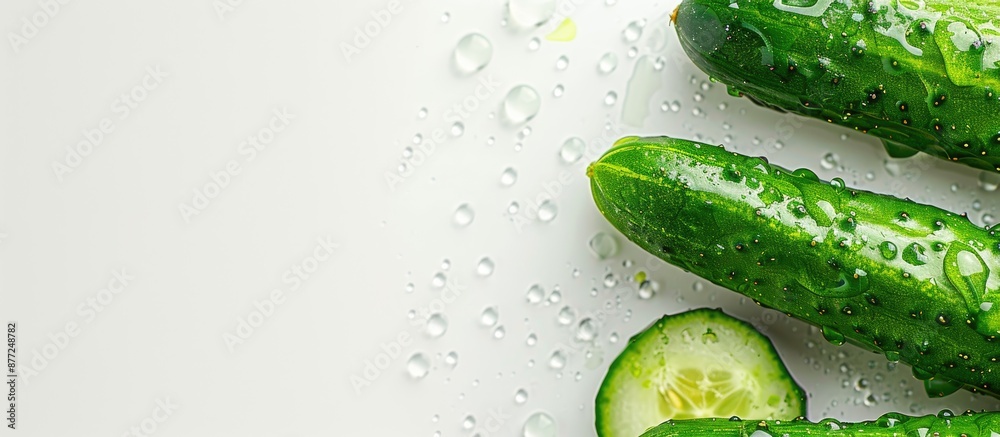 Poster a fresh cucumber with a white isolated background for copy space image