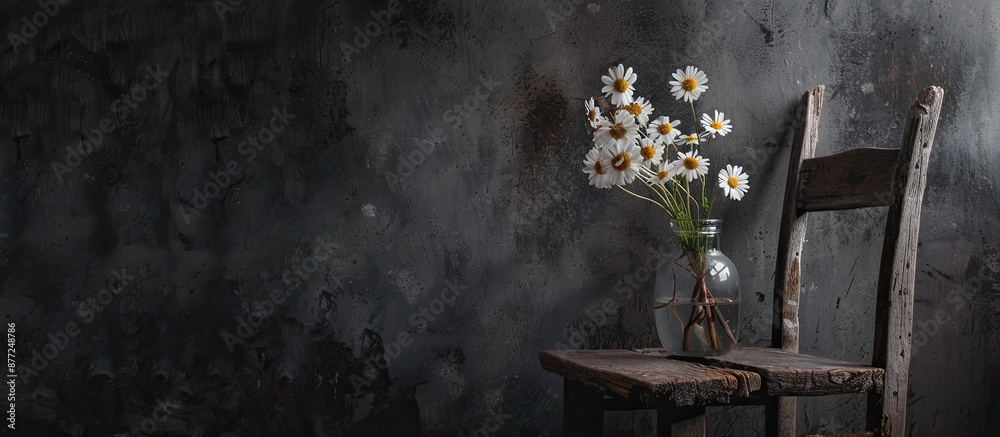 Poster vintage studio photo featuring white daisy flowers in a glass vase on a wooden rustic chair against 