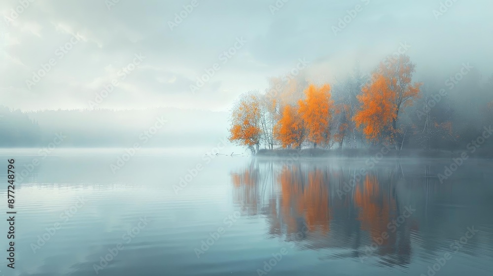 Poster Serene lake view with misty fog and vibrant autumn trees reflecting in calm water, creating a peaceful and tranquil landscape scene.