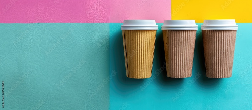 Poster a close up image featuring eco friendly cardboard cups on a colored background with copy space embod