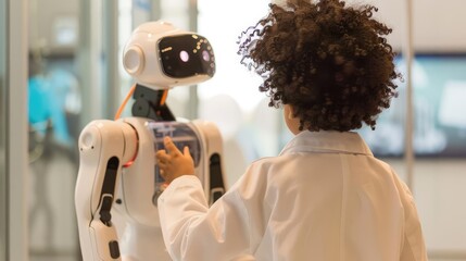 Back view of a child in a lab coat observing a robot, future scientist, STEM career inspiration