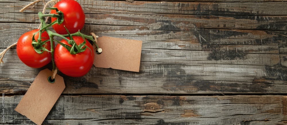 Aufkleber tomato vegetable with price tag displayed on a wooden background in a copy space image