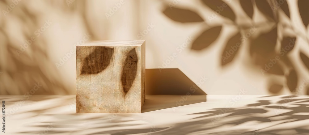 Aufkleber A simple wooden cube with shadows leaves on beige backdrop Ideal for product presentations or cosmetic displays with front view and copy space image