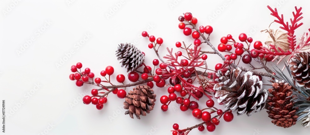 Aufkleber red new year berries and cones arranged on a white background with copy space image