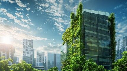 Fototapeta premium Modern Eco-Friendly Office Building with Sustainable Glass Architecture in Green Urban Environment
