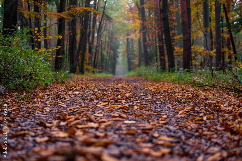 Poster autumn forest path covered in colorful fallen leaves, surrounded by tall trees, creating a serene an