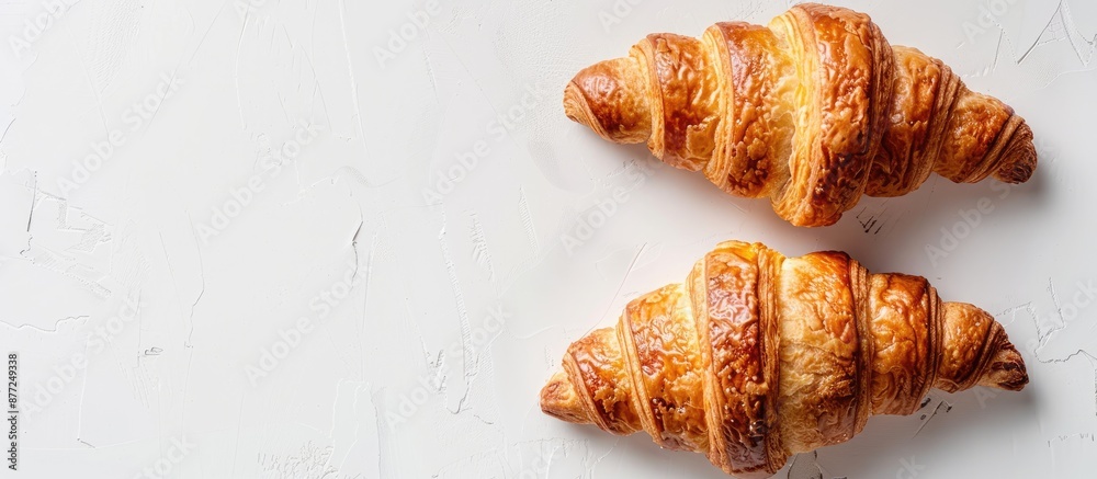 Poster A top down image of three croissants on a white backdrop is captured with ample copy space