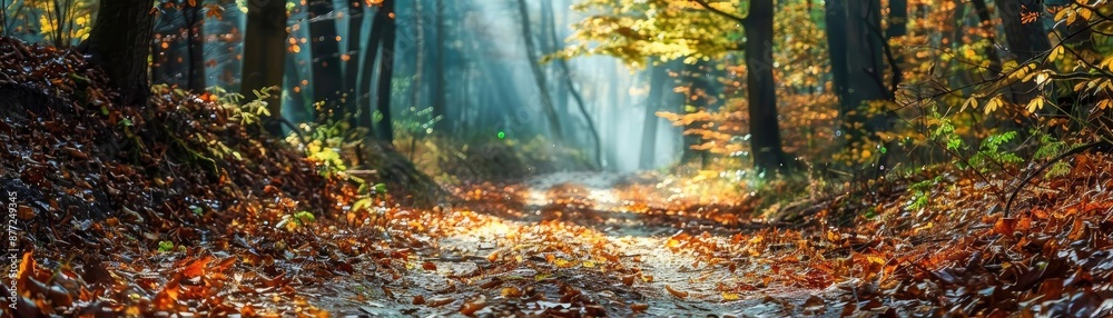 Aufkleber Sunlight filtering through autumn forest, illuminating fallen leaves and creating a serene path perfect for nature walks and outdoor relaxation.