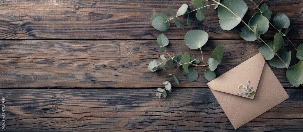 Aufkleber Top down view of a eucalyptus branch and a decorative envelope placed on a wooden surface with space available for adding text. with copy space image. Place for adding text or design
