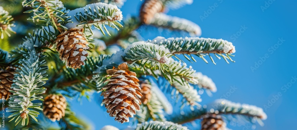 Poster close up of a green spruce tree adorned with cones covered in snow and frost against a blue sky back