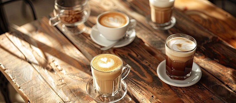 Different varieties of coffee like latte cappuccino and espresso displayed on a wooden table with selective focus for a copy space image