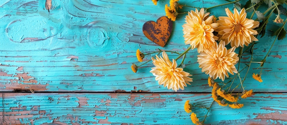 Aufkleber top view of chrysanthemums and heart placed on a weathered turquoise wooden surface with space for a