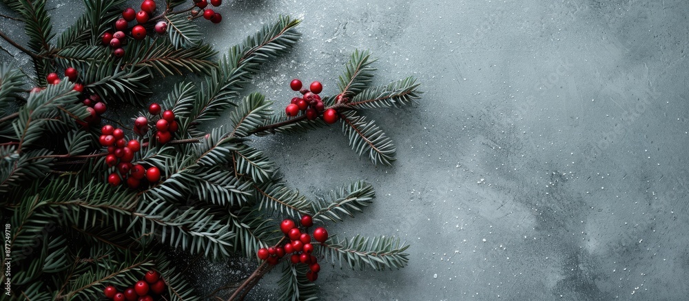 Poster Composition capturing the essence of the Christmas season with fir tree branches red berries against a gray backdrop Reflects Xmas winter and new year themes Top view with ample copy space image