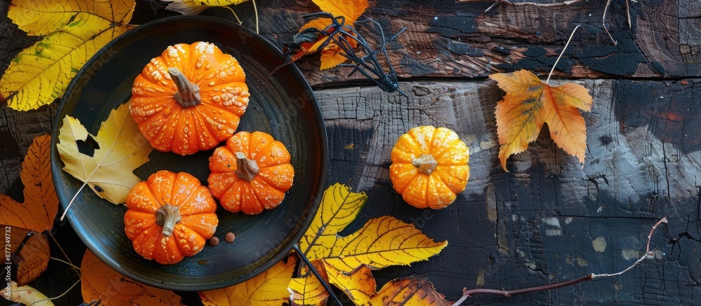 Poster traditional fall treat of grilled pumpkin served warm as dessert on a rustic table with yellow leave