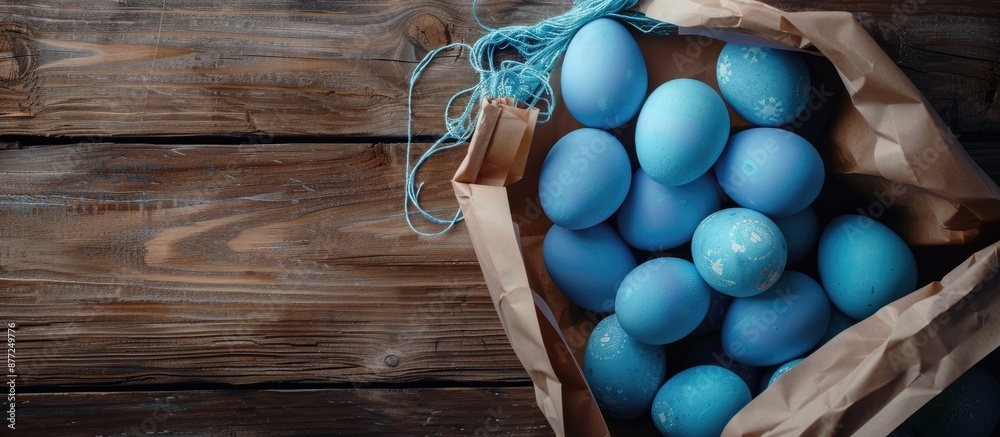 Fototapete Gift bag and blue Easter eggs viewed from above with room for text or graphics in the image. with copy space image. Place for adding text or design