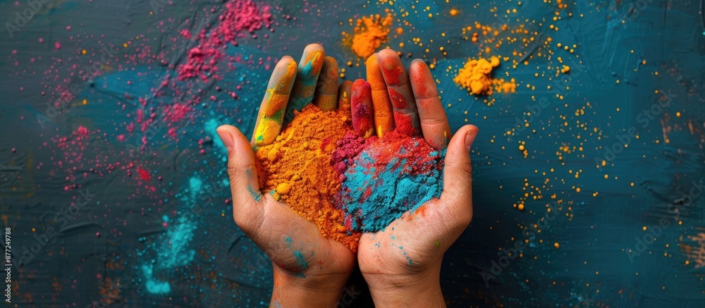 Poster Overhead view of hands holding colorful Holi powder paint with ample copy space image