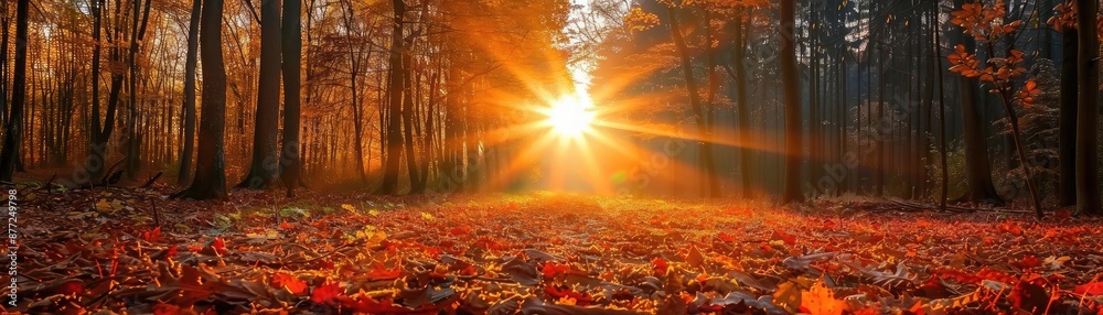 Poster Sunset in a forest with vibrant autumn foliage, casting a golden glow through the trees, creating a serene and picturesque landscape.