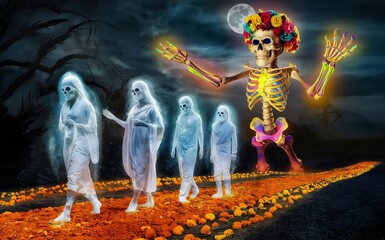 Fototapeta premium Spirit Guide A mystical scene of a spirit guide, depicted as a colorful skeleton, leading the souls of the departed through a marigold-covered path
