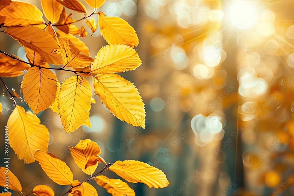 Poster Golden autumn leaves with sunlight filtering through the trees in a forest, creating a warm and peaceful atmosphere.