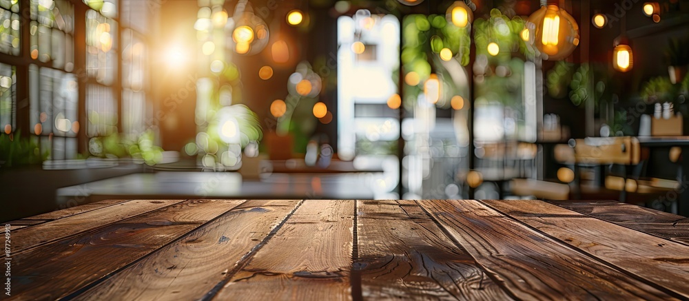 Poster wooden table at a cafe or bar with blurred background perfect for showcasing products with copy spac