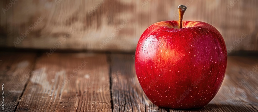 Leinwandbilder A detailed focused image of a red apple with a blurred wooden background suitable for adding text or other elements copy space image