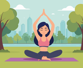 A woman does yoga in the park. Flat cartoon style vector illustration.