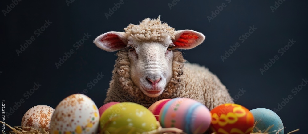 Aufkleber Happy Easter A festive Easter greeting card featuring sheep and eggs on a black background perfect for adding text and design with copy space image