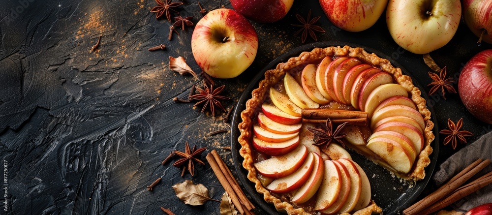 Aufkleber Close up top view of a homemade fruit tart with golden crust featuring whole and halved apples cinnamon sticks and anise seeds against a background with copy space image