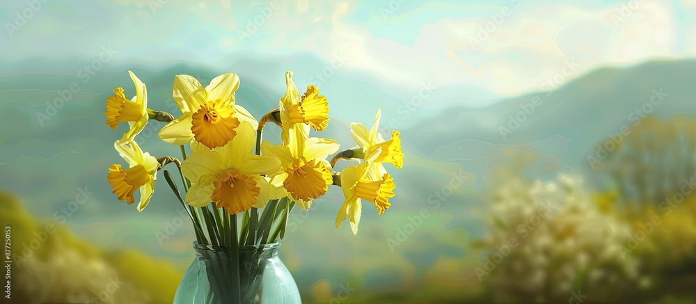 Aufkleber a colorful bouquet of seven yellow daffodils arranged in a vase alongside a serene landscape copy sp