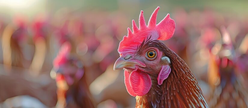A detailed view of a chicken on a free range poultry farm in Lancaster County Pennsylvania with copy space image included