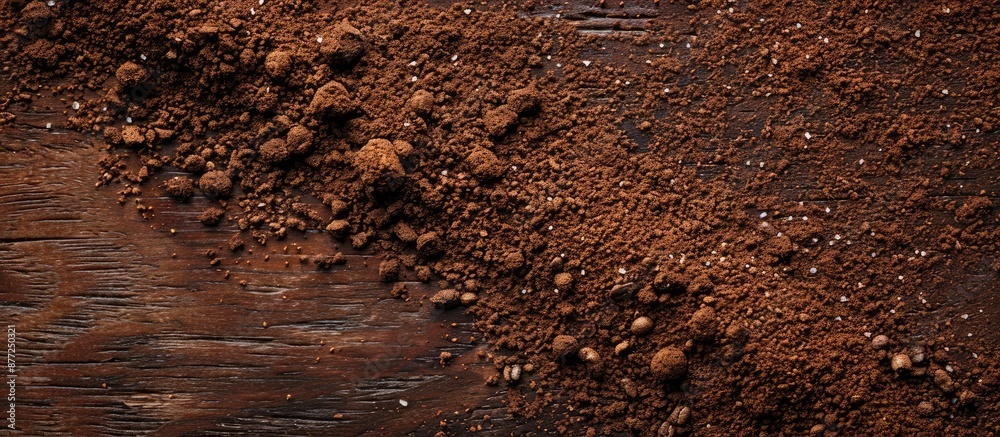 Poster close up view of ground coffee on a wooden backdrop with copy space image