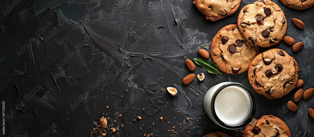 Poster black background with cookies milk and copy space image