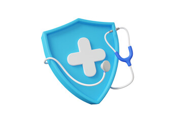 Stethoscope diagnosis health, checkup plus shield protection medical doctor on isolated background. healthcare checkmark insurance support safety concept. 3d render illustration